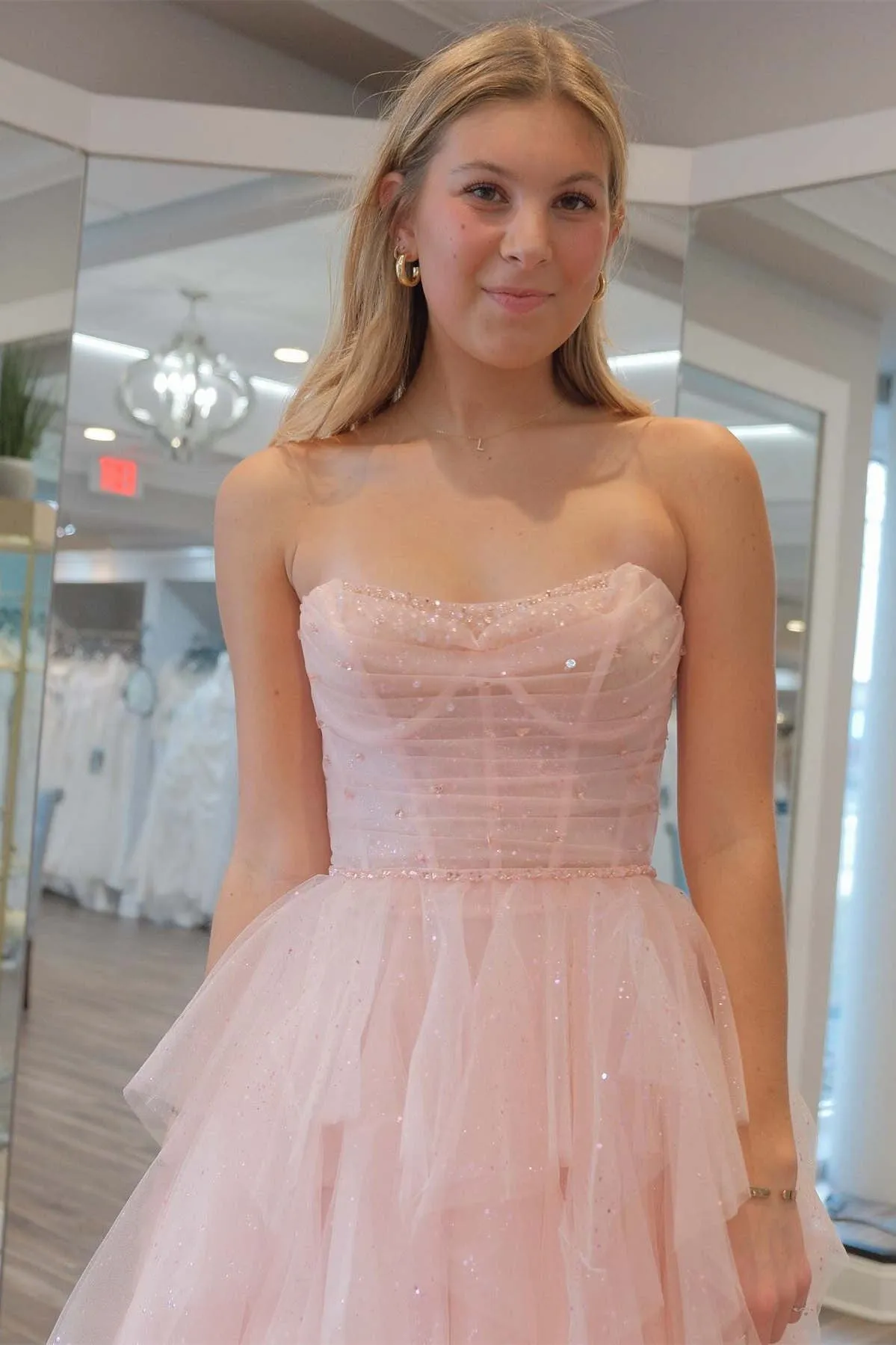 Cute A Line Strapless Pink Tulle Long Prom Dresses