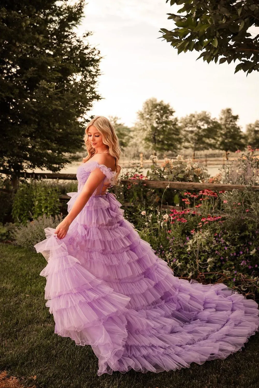Cute Fairy Off the Shoulder Lilac Tiered Tulle Slit Prom Dresses