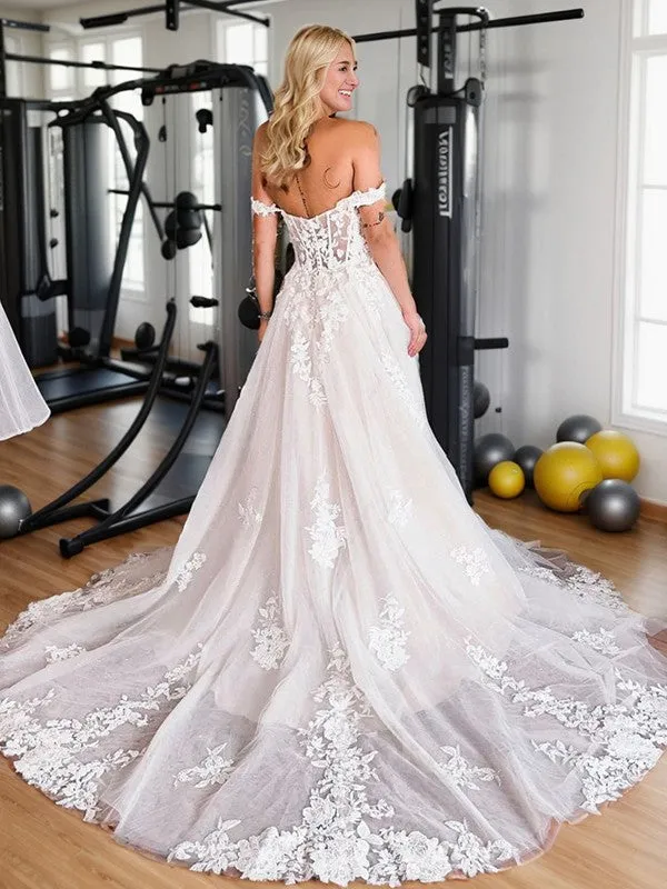 Fairy A Line Off the Shoulder Tulle Long Wedding Dresses with Appliques
