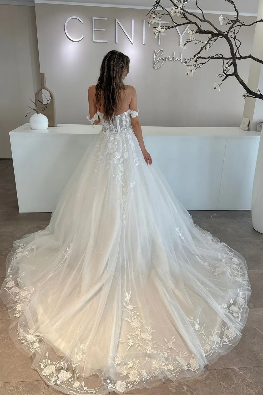Fairy A Line Off the Shoulder Tulle Wedding Dresses with Appliques VK1312801